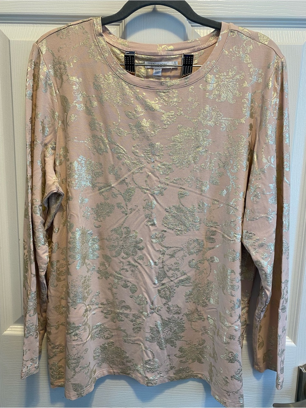 Chico’s Long Sleeve Metallic Floral T-Shirt - Pink Gold